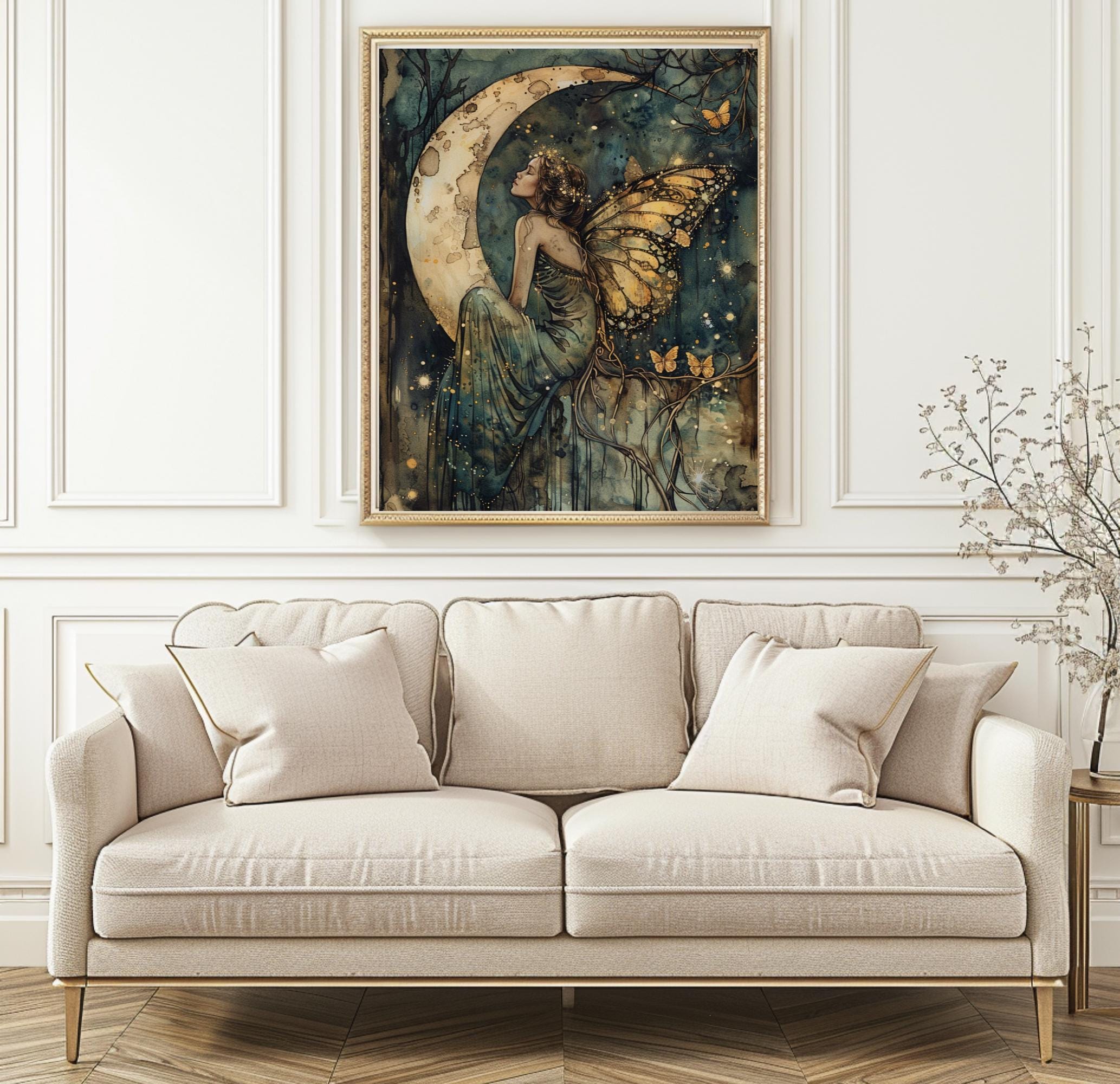 Butterfly Wing Fairy Moon Art Print, Whimsical Woodland Nursery Illustration Kids Decor