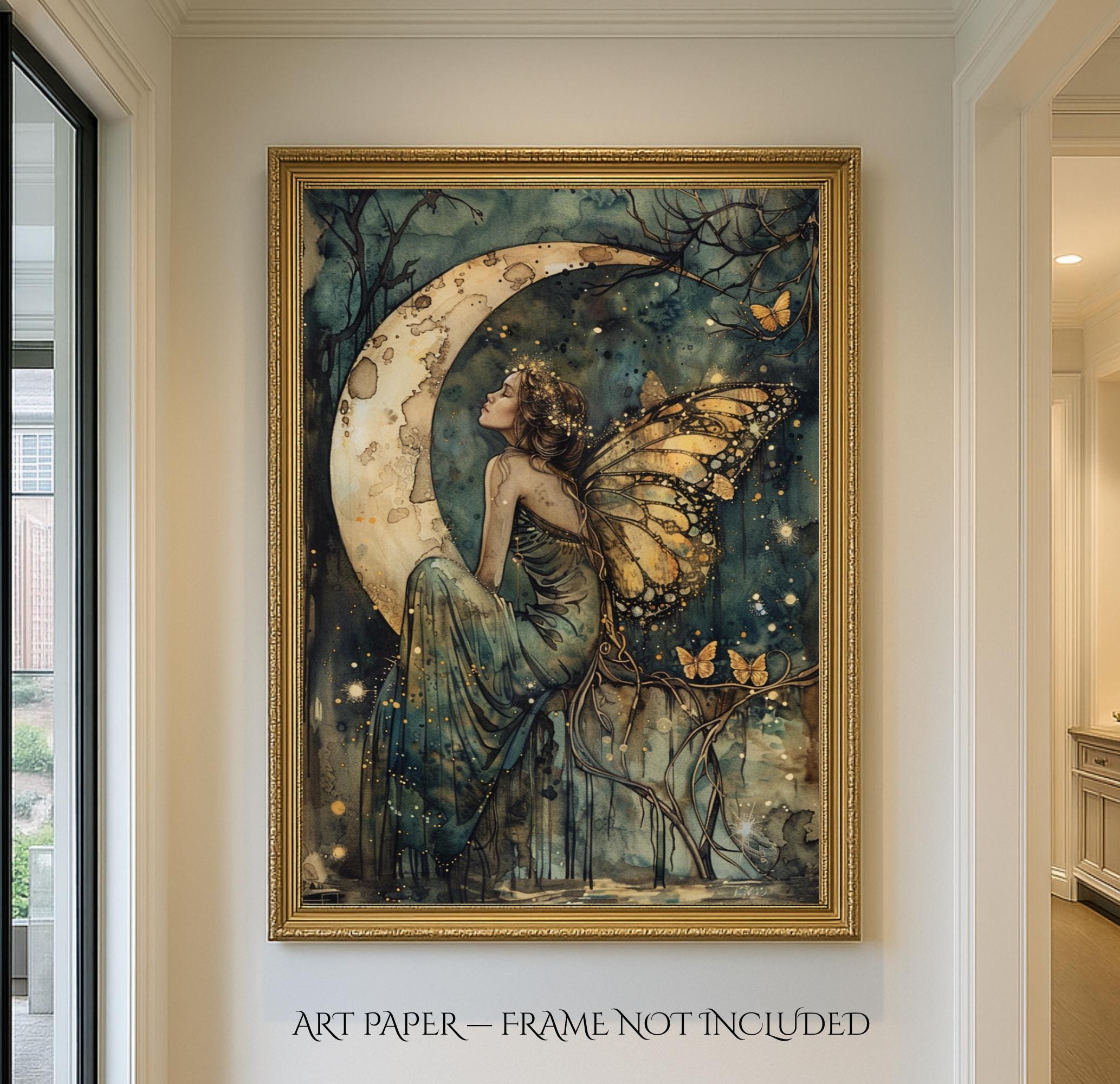 Butterfly Wing Fairy Moon Art Print, Whimsical Woodland Nursery Illustration Kids Decor Secondary image