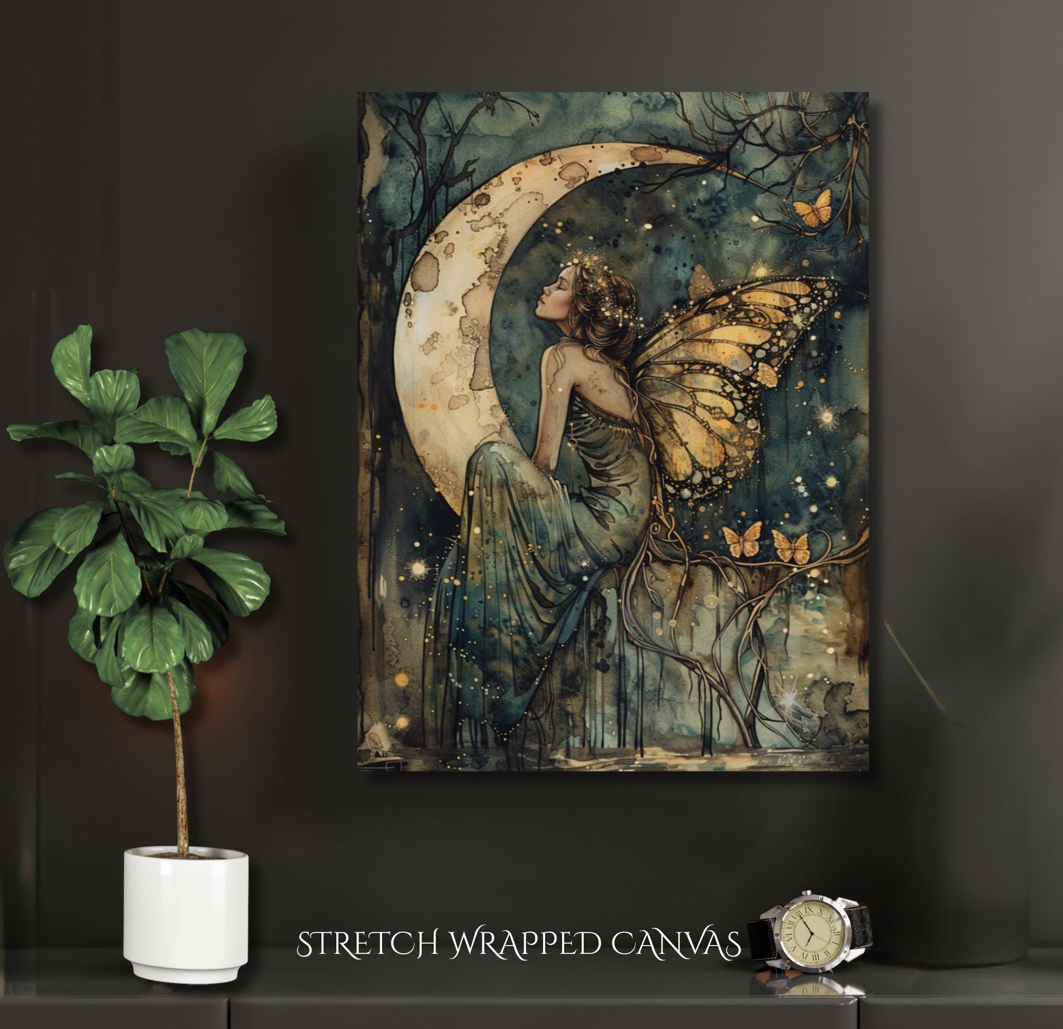 Butterfly Wing Fairy Moon Art Print, Whimsical Woodland Nursery Illustration Kids Decor