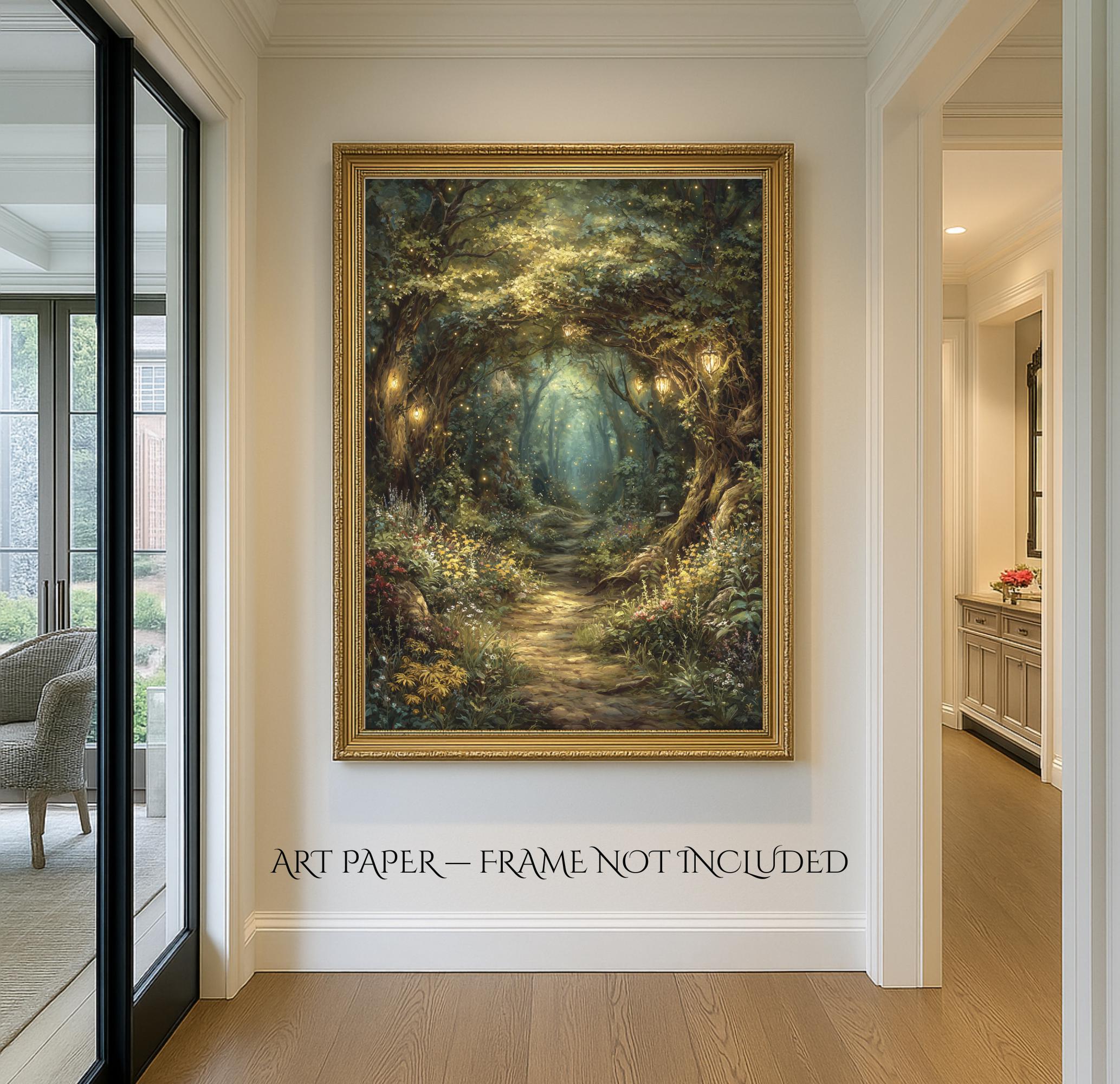 Enchanted Fairy Forest Path Art Print Magical Woodland Lantern Trail, Glowing Fireflies Fantasy Decor Secondary image