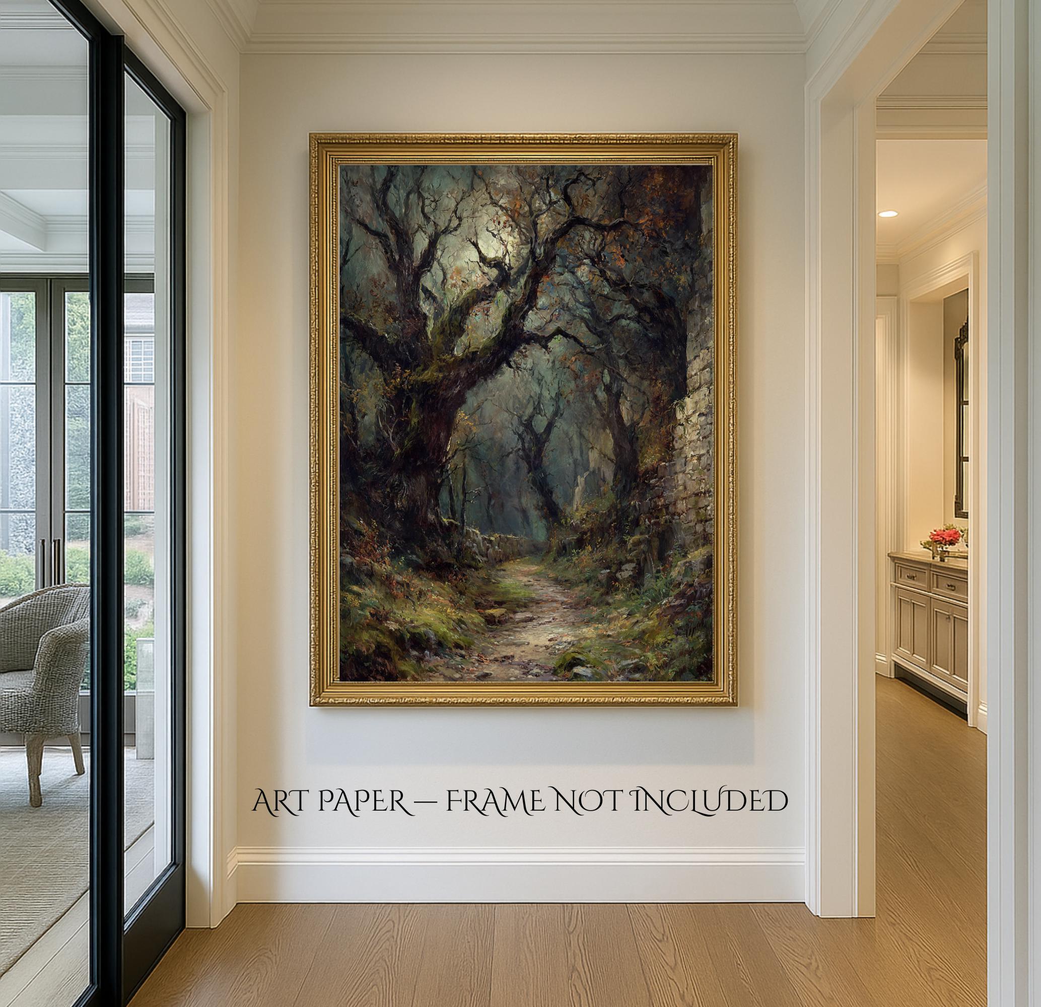 Gothic Forest Moonlit Path Print, Dark Moody Nature Wall Art Painting Secondary image