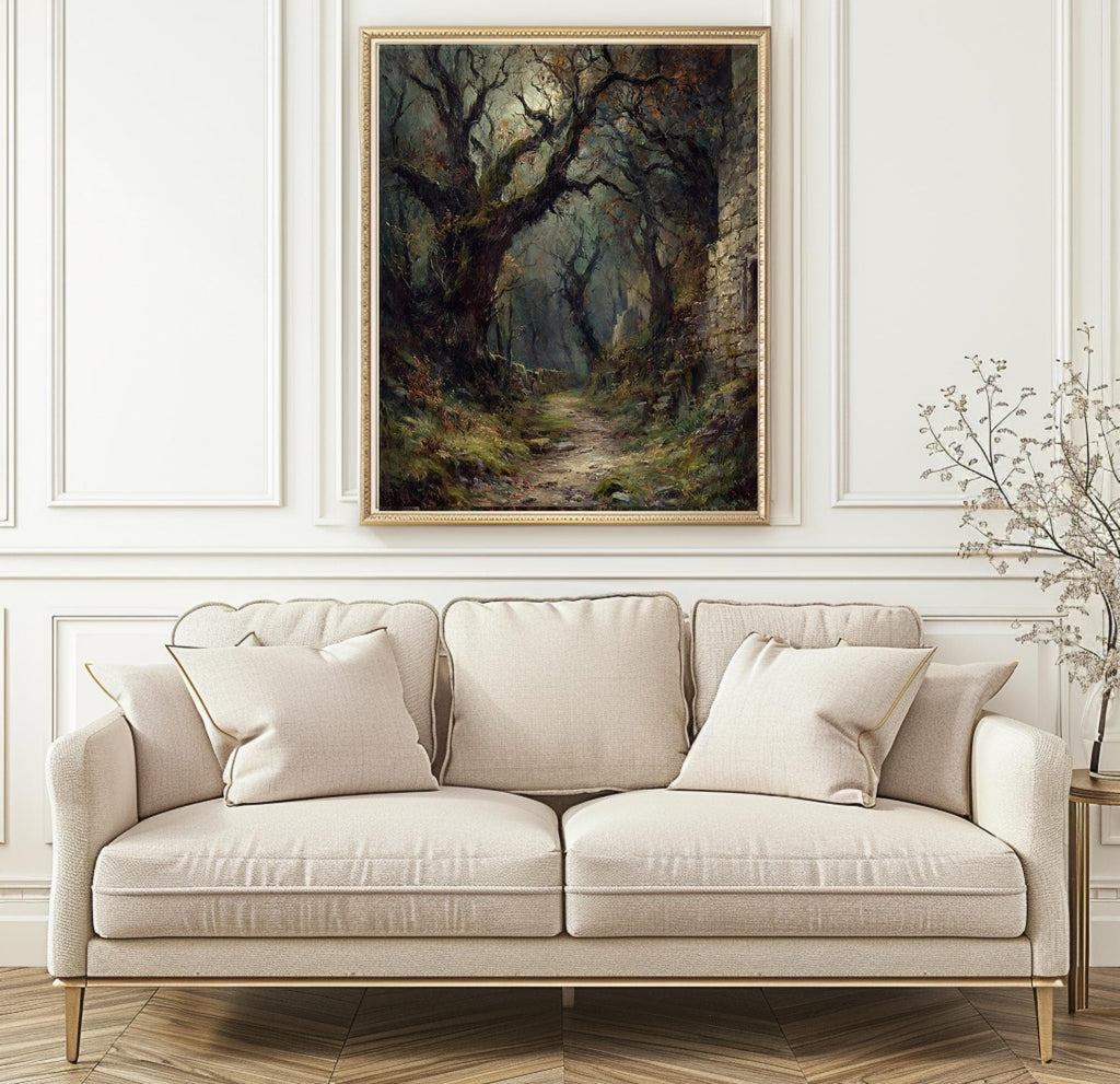 Gothic Forest Moonlit Path Print, Dark Moody Nature Wall Art Painting