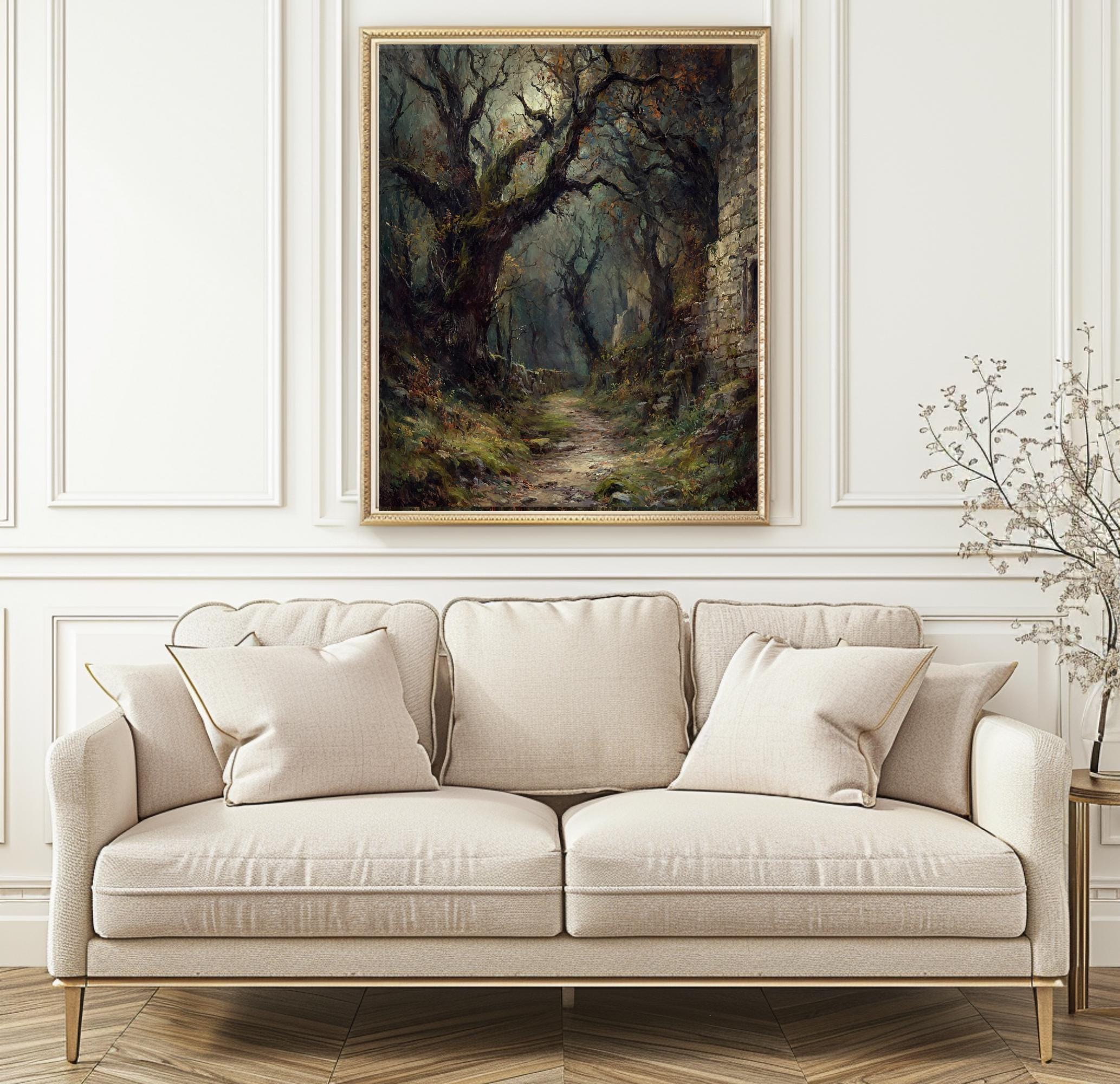 Gothic Forest Moonlit Path Print, Dark Moody Nature Wall Art Painting