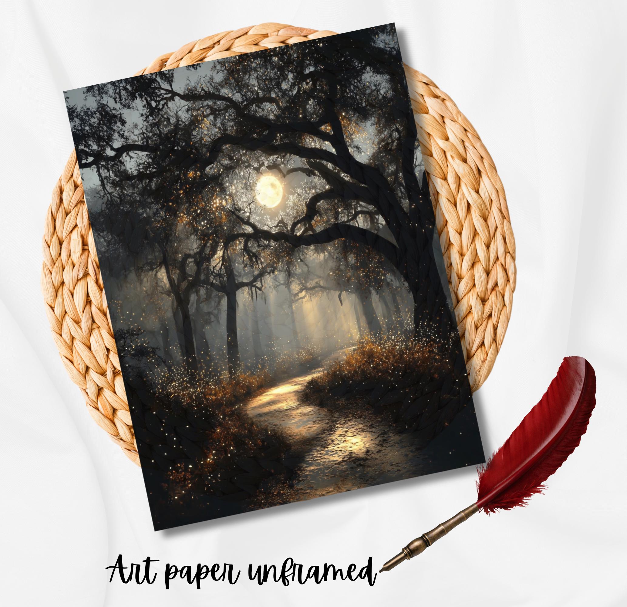 Haunted Forest Full Moon Print, Moonlit Woodland Path Wall Art, Moody Enchanted Woods Painting