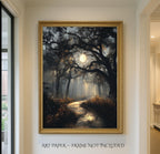 Haunted Forest Full Moon Print, Moonlit Woodland Path Wall Art, Moody Enchanted Woods Painting