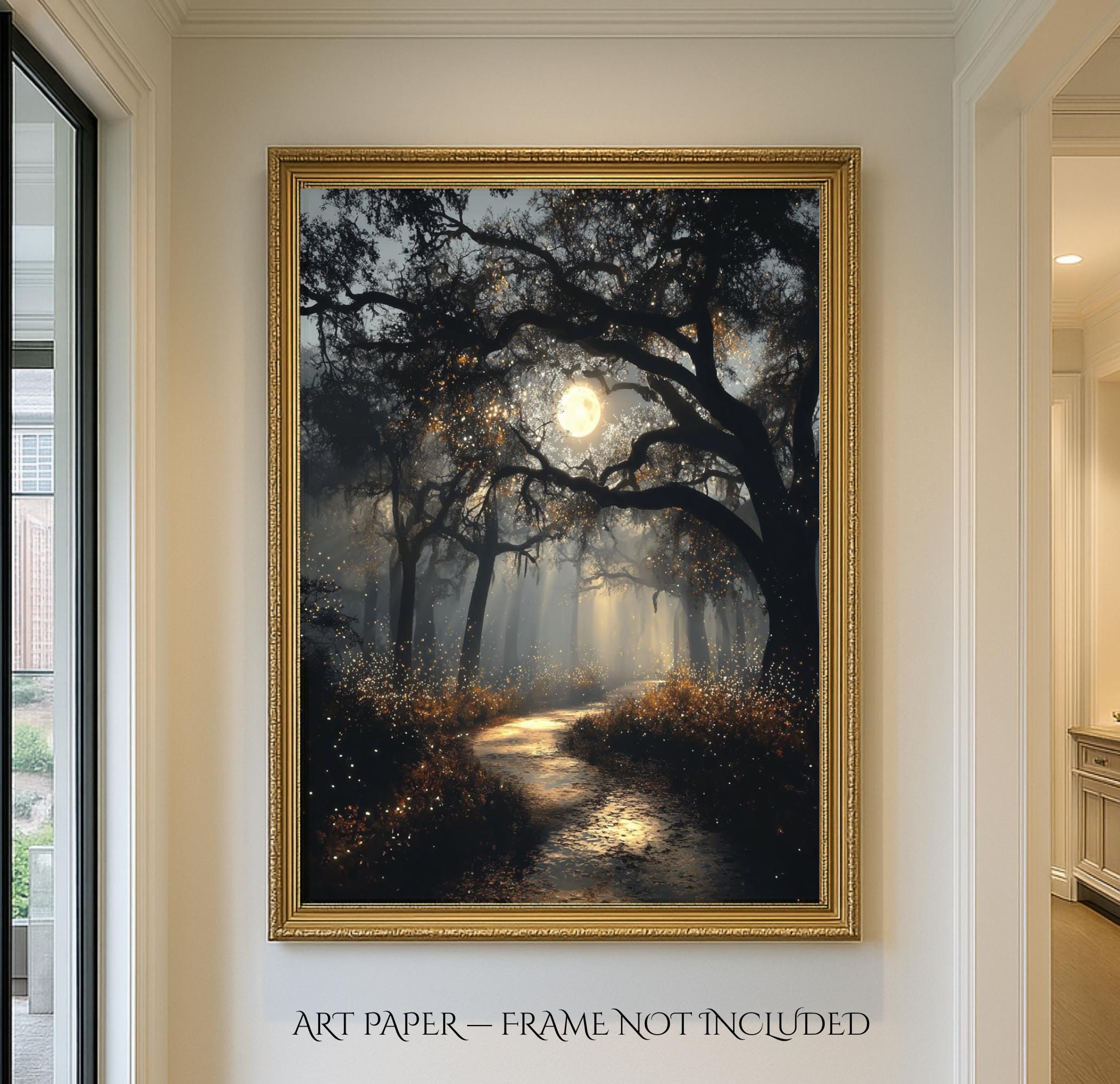 Haunted Forest Full Moon Print, Moonlit Woodland Path Wall Art, Moody Enchanted Woods Painting