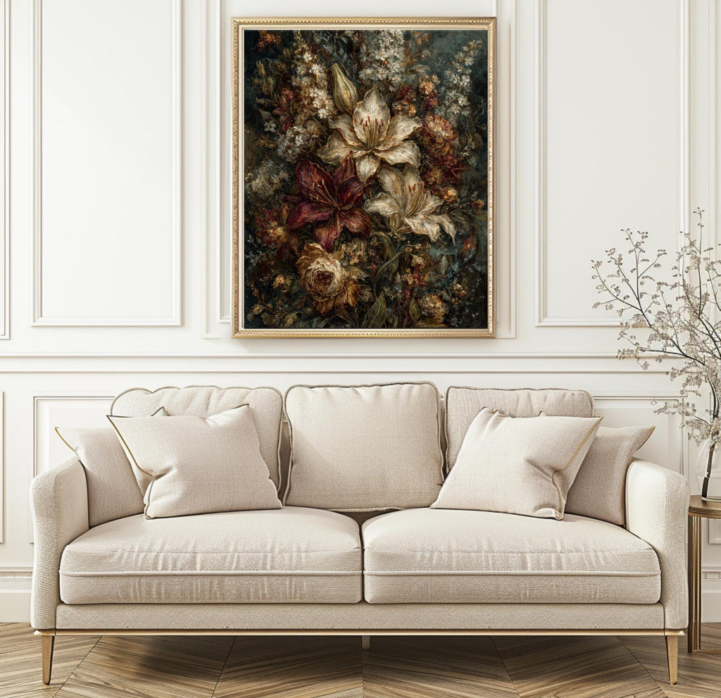 Dark Floral Lily Print Botanical Wall Art Flower Still Life Painting