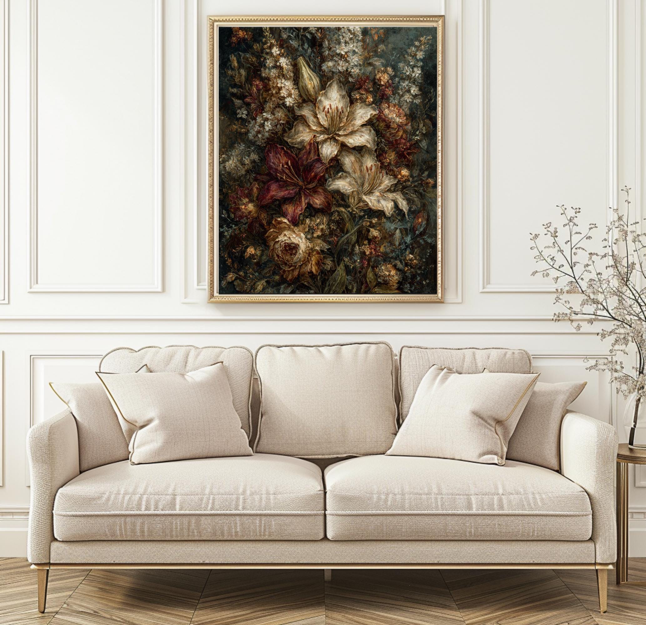 Dark Floral Lily Print Botanical Wall Art Flower Still Life Painting