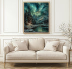 Northern Lights Dragon Art Print, Mystical Snowy Mountain Starlit Landscape