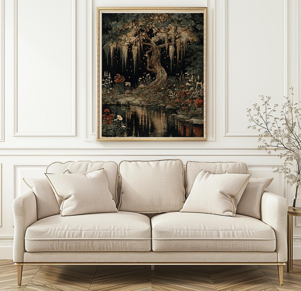 Moonlit Enchanted  Wisteria Tree Print, Dark Academia Willliam Morris Style Forest Art
