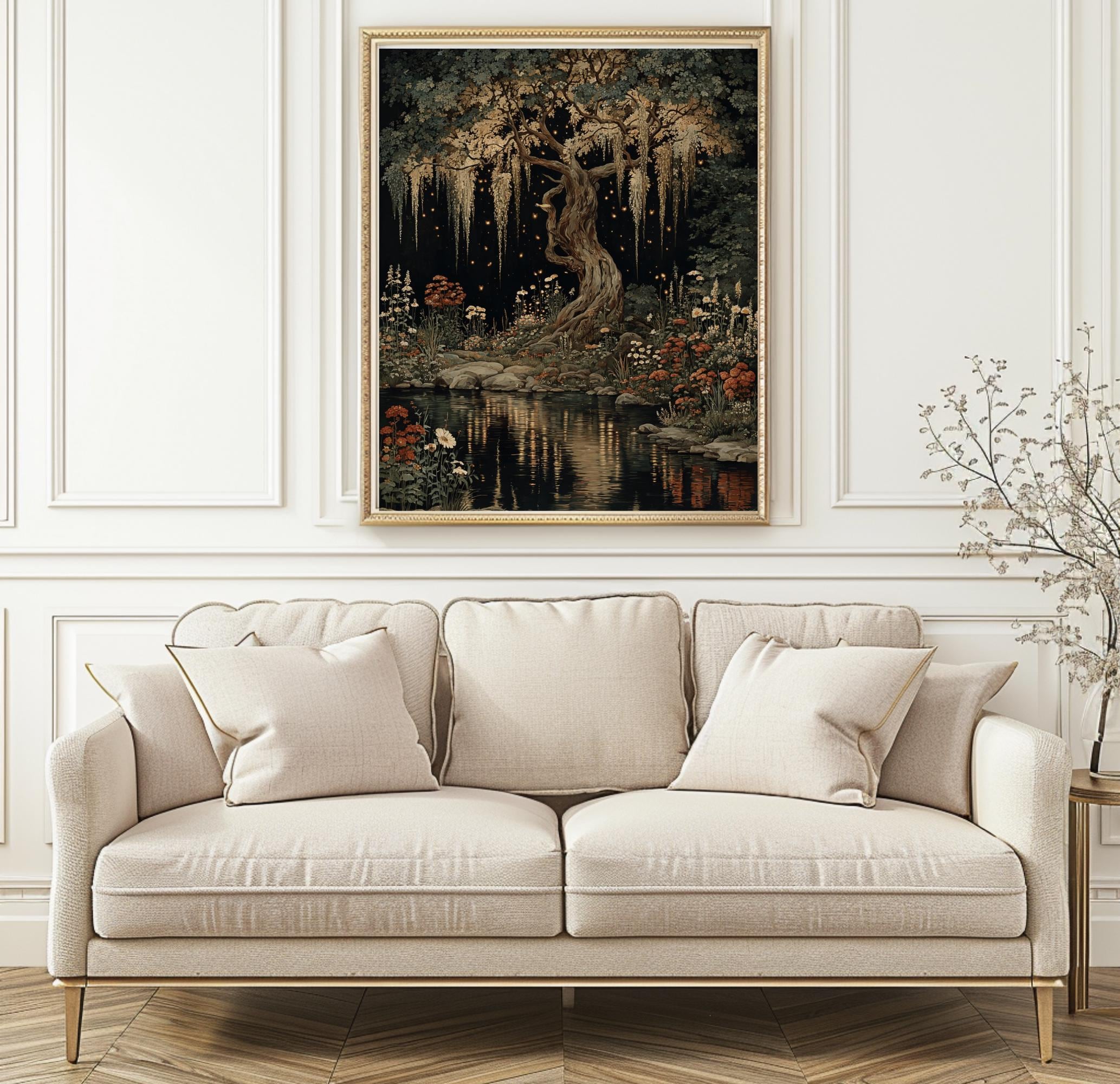 Moonlit Enchanted  Wisteria Tree Print, Dark Academia Willliam Morris Style Forest Art