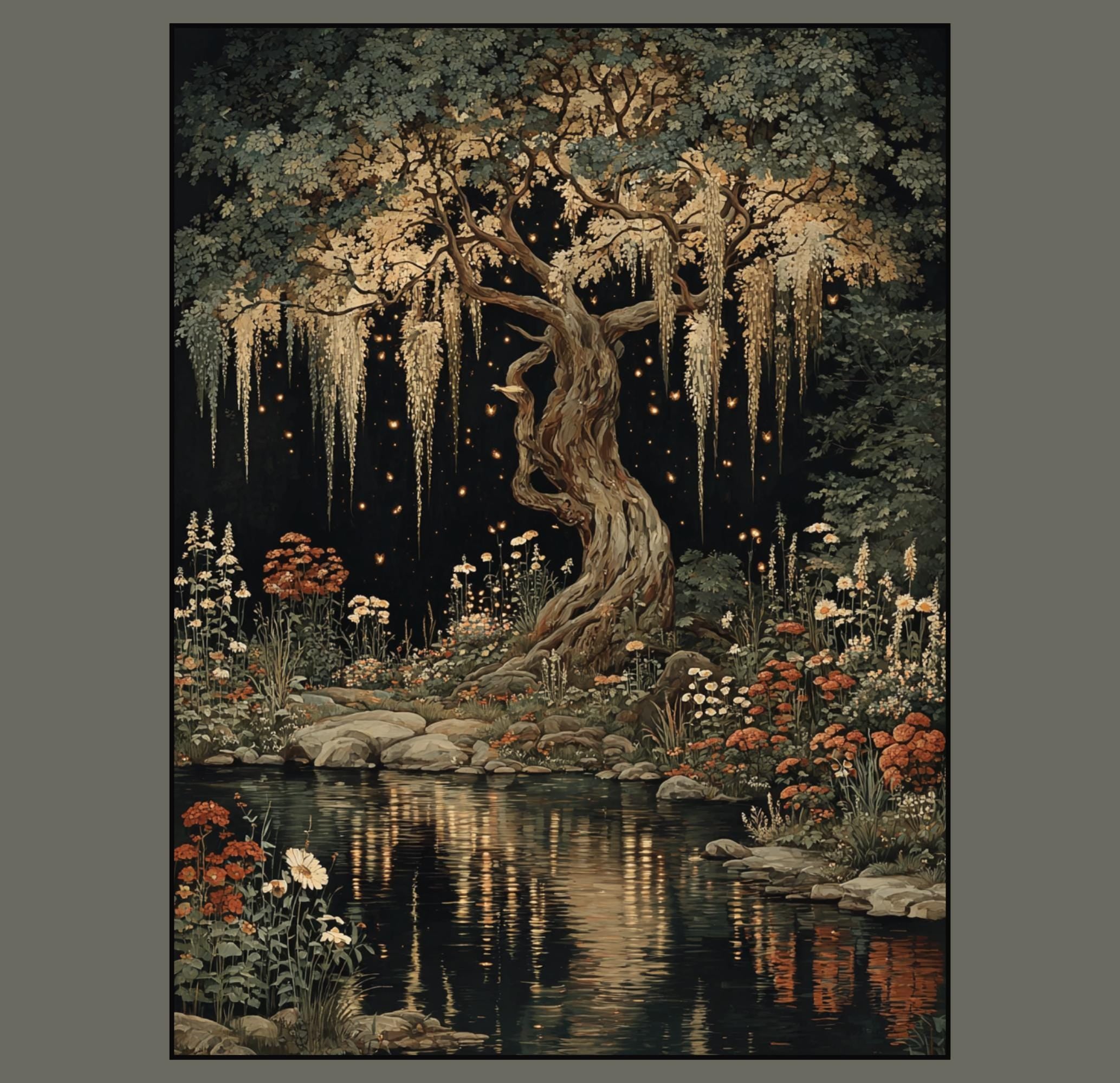 Moonlit Enchanted  Wisteria Tree Print, Dark Academia Willliam Morris Style Forest Art