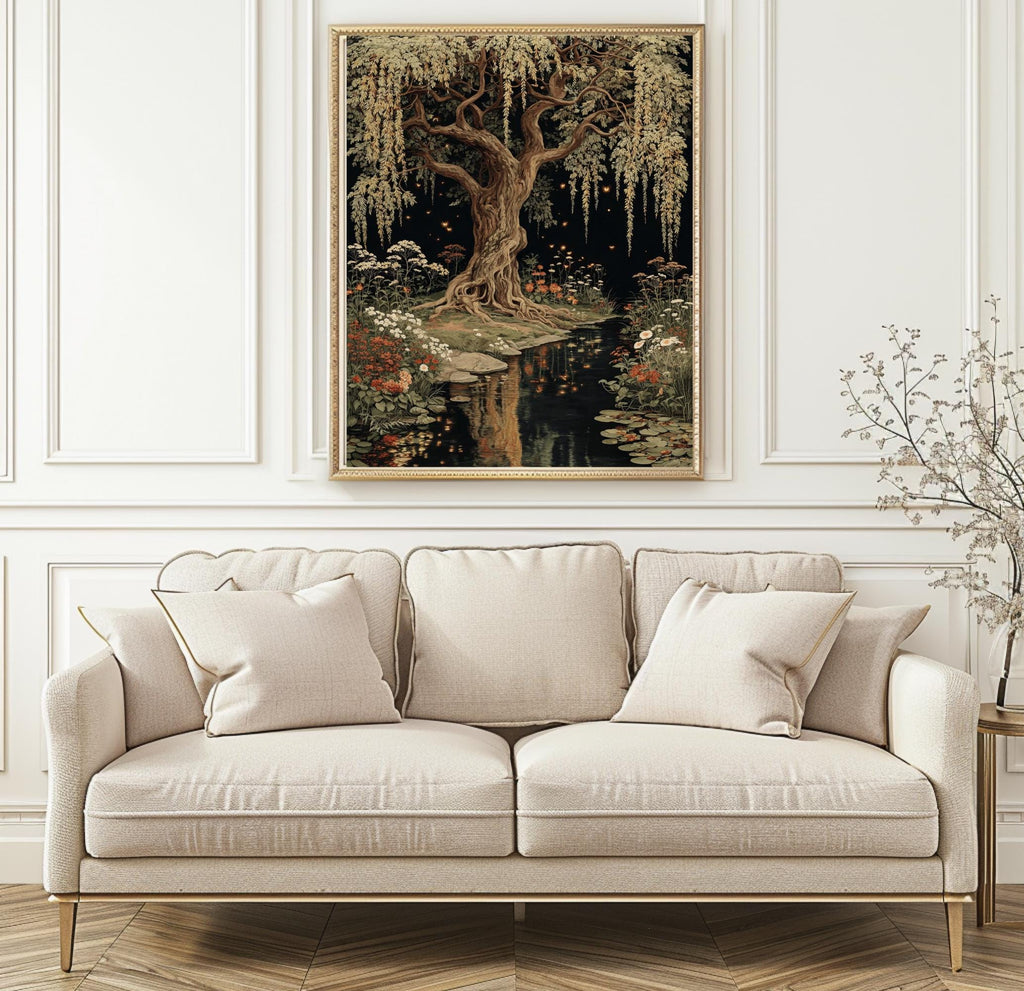 Moonlit Willow Tree Print, Dark Academia Romantic Forest Art, William Morris Inspired Nature Decor