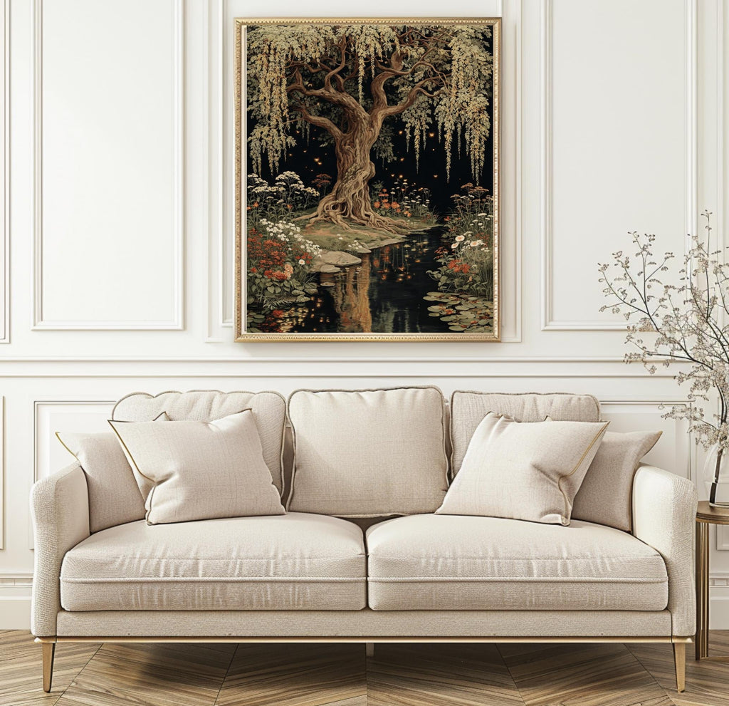 Moonlit Willow Tree Print, Dark Academia Romantic Forest Art, William Morris Inspired Nature Decor