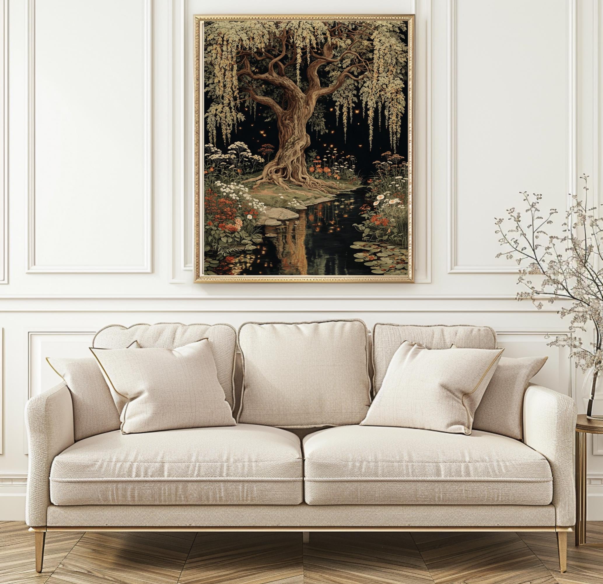 Moonlit Willow Tree Print, Dark Academia Romantic Forest Art, William Morris Inspired Nature Decor