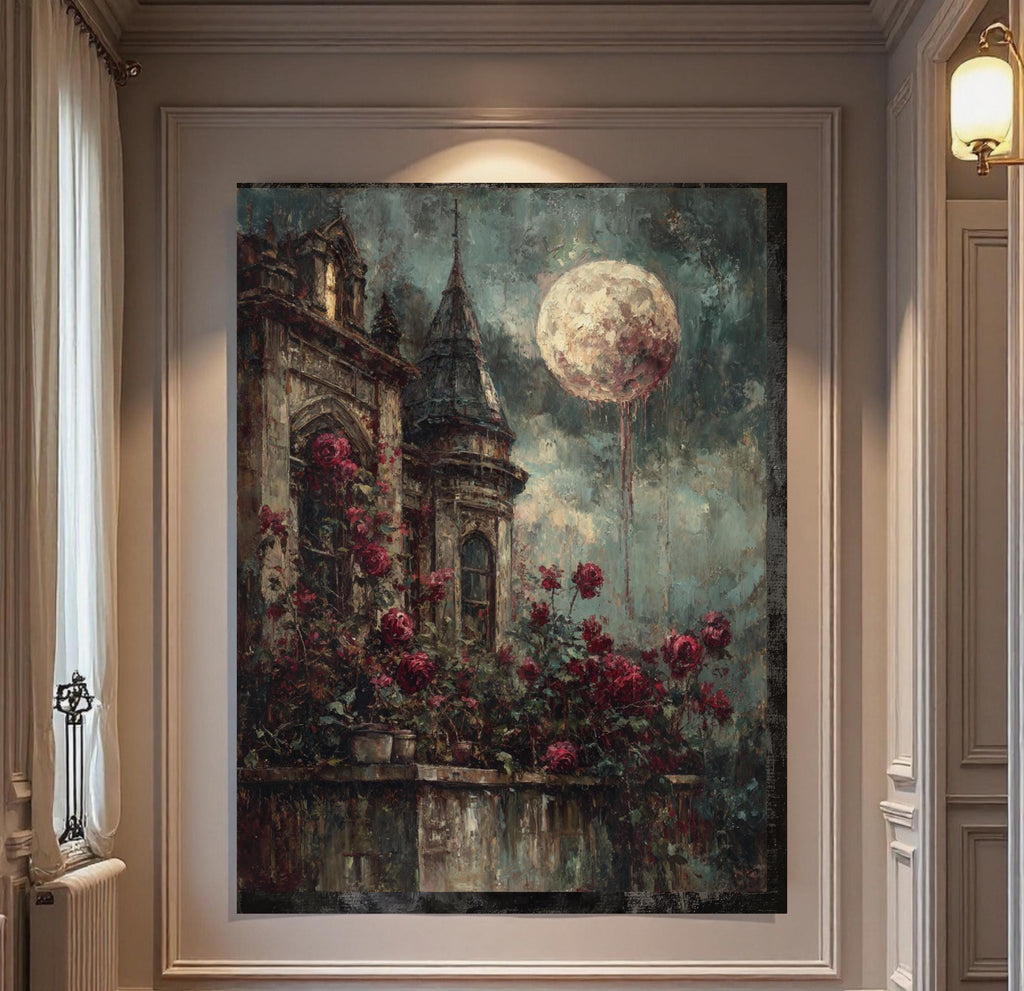 Gothic Blood Moon Castle Print, Red Roses Fantasy Art, Dark and Moody Room Decor