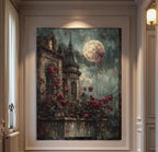 Gothic Blood Moon Castle Print, Red Roses Fantasy Art, Dark and Moody Room Decor
