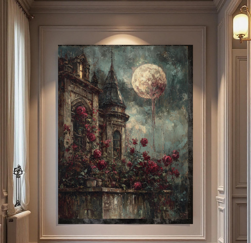 Gothic Blood Moon Castle Print, Red Roses Fantasy Art, Dark and Moody Room Decor