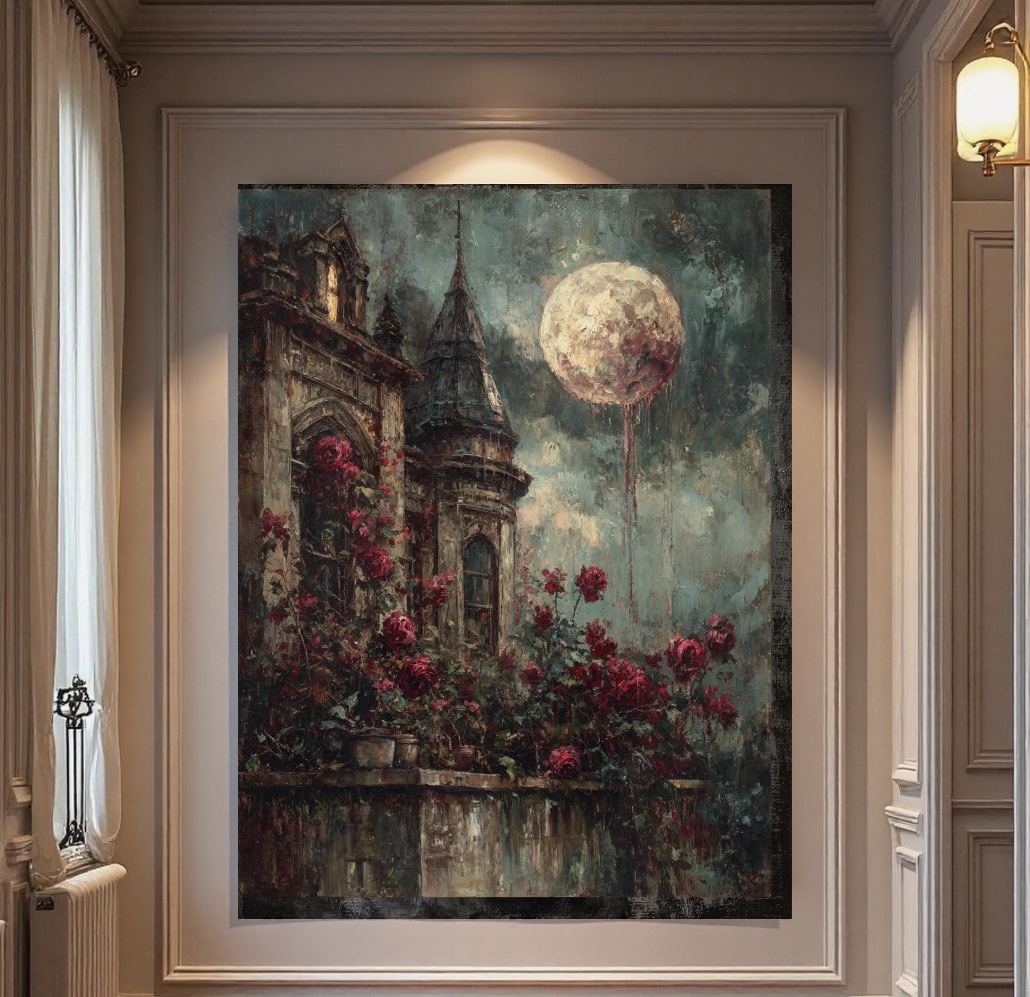 Gothic Blood Moon Castle Print, Red Roses Fantasy Art, Dark and Moody Room Decor