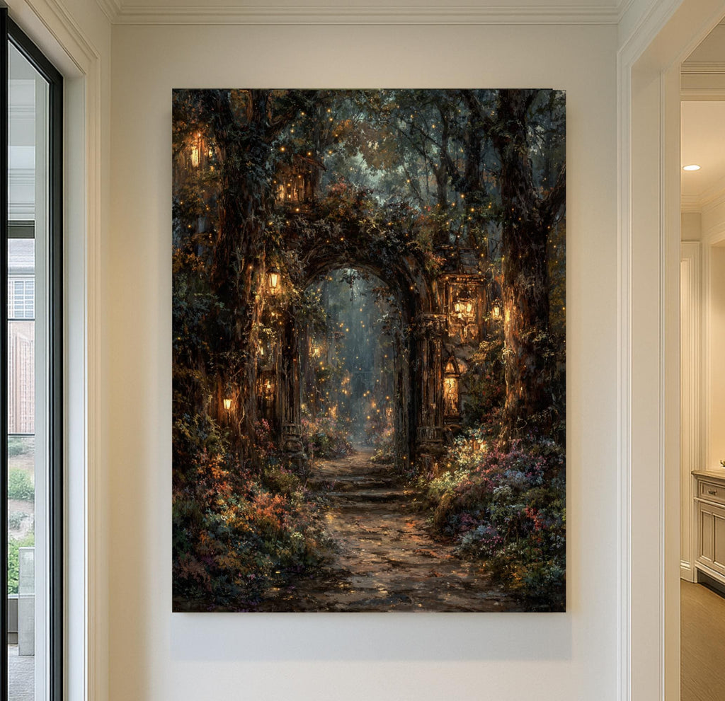 Enchanted Fairy Portal Forest Print, Mystical Lanterns Woodland Painting, Vintage Fantasy Firefly Wall Art