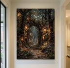 Enchanted Fairy Portal Forest Print, Mystical Lanterns Woodland Painting, Vintage Fantasy Firefly Wall Art