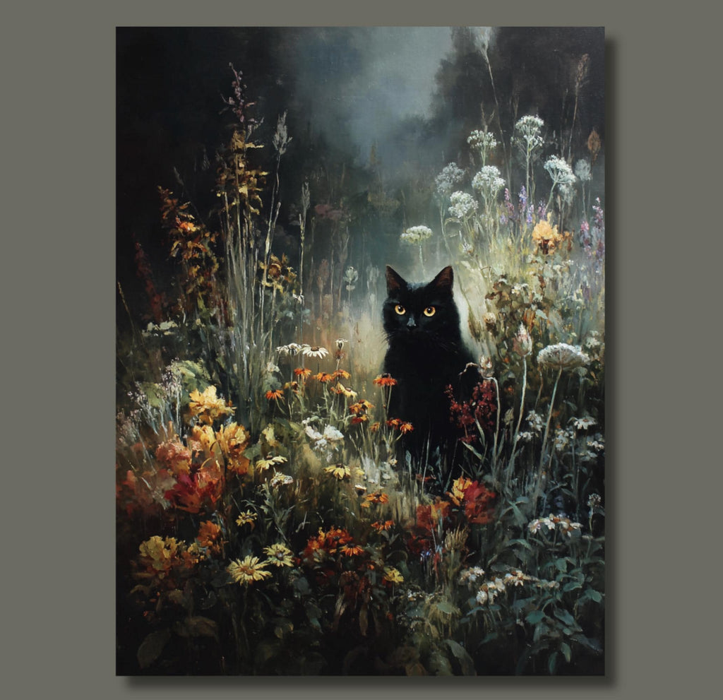 Vintage Black Cat Wall Art Print, Oil Painted Style Wildflowers Moonlit Night Painting
