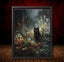 Vintage Black Cat Wall Art Print, Oil Painted Style Wildflowers Moonlit Night Painting
