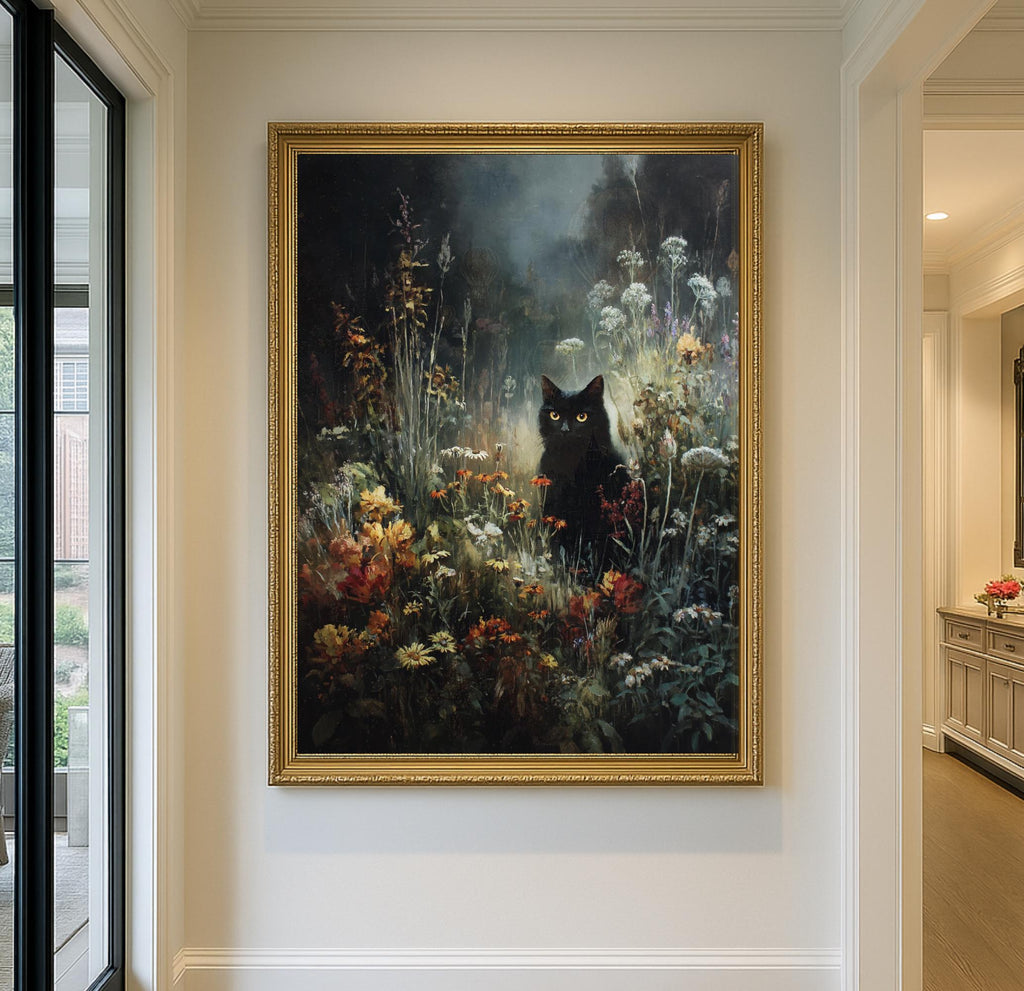 Vintage Black Cat Wall Art Print, Oil Painted Style Wildflowers Moonlit Night Painting