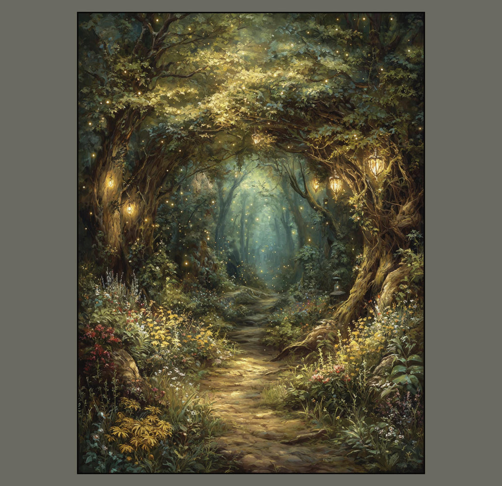 Enchanted Fairy Forest Path Art Print Magical Woodland Lantern Trail, Glowing Fireflies Fantasy Decor