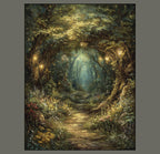 Enchanted Fairy Forest Path Art Print Magical Woodland Lantern Trail, Glowing Fireflies Fantasy Decor