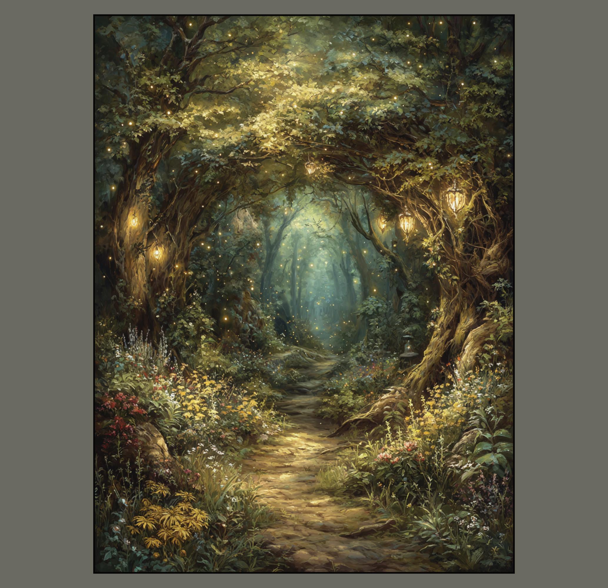 Enchanted Fairy Forest Path Art Print Magical Woodland Lantern Trail, Glowing Fireflies Fantasy Decor