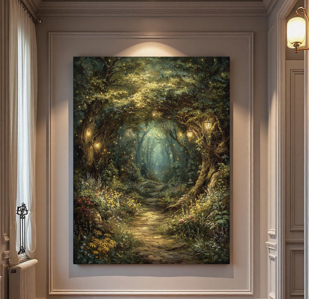Enchanted Fairy Forest Path Art Print Magical Woodland Lantern Trail, Glowing Fireflies Fantasy Decor