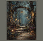 Winter Forest Circular Portal Through Trees, Wall Art Print Woodland Path with Glowing Lanterns,