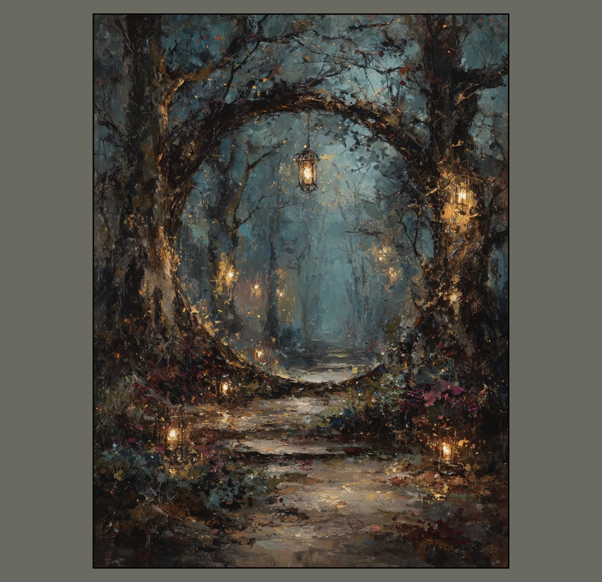 Winter Forest Circular Portal Through Trees, Wall Art Print Woodland Path with Glowing Lanterns,