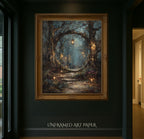 Winter Forest Circular Portal Through Trees, Wall Art Print Woodland Path with Glowing Lanterns,