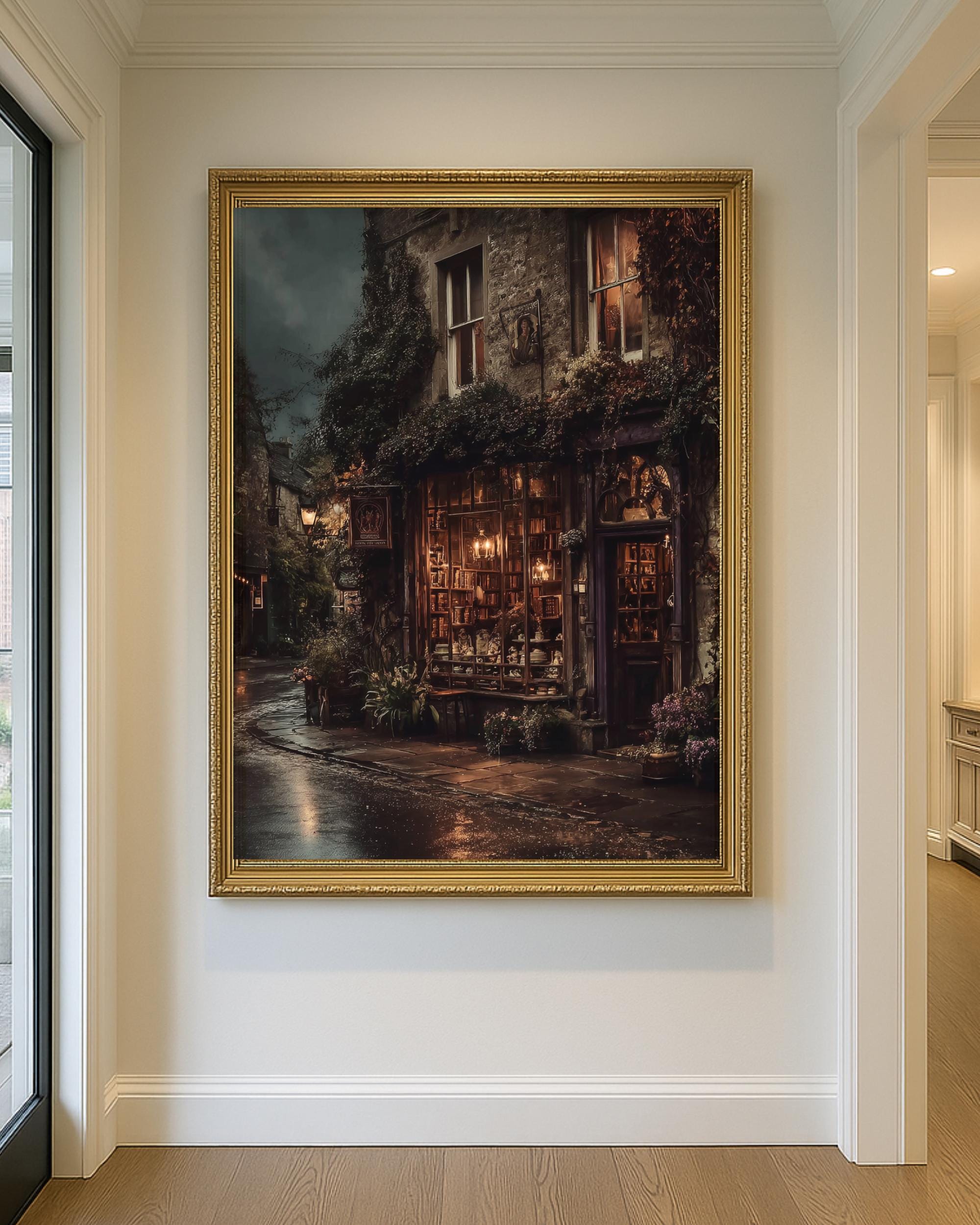 Vintage Rainy Street Bookshop Art Print Night Alley Dark Academia Streets of Europe Decor Secondary image