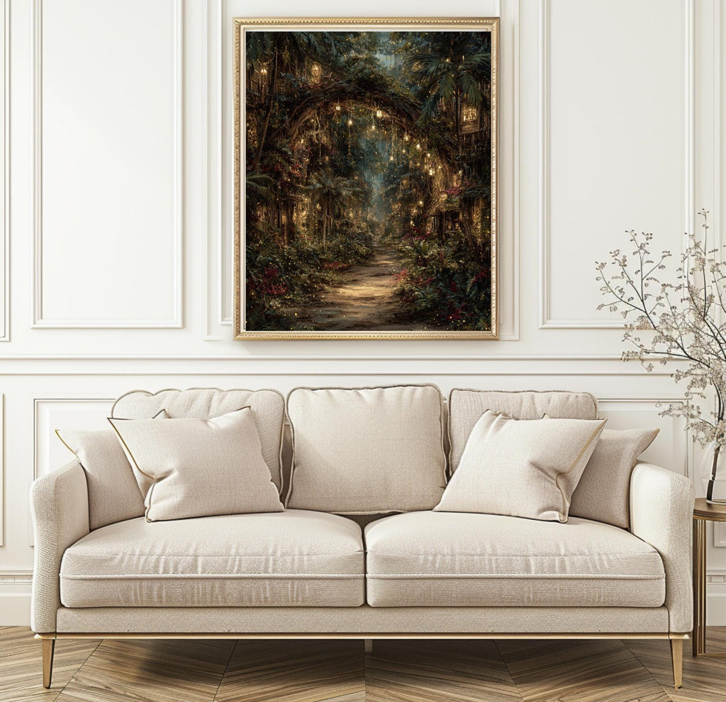 Enchanted Jungle Forest Path Wall Art Print Hanging Lanterns Moody Fairytale Woodland