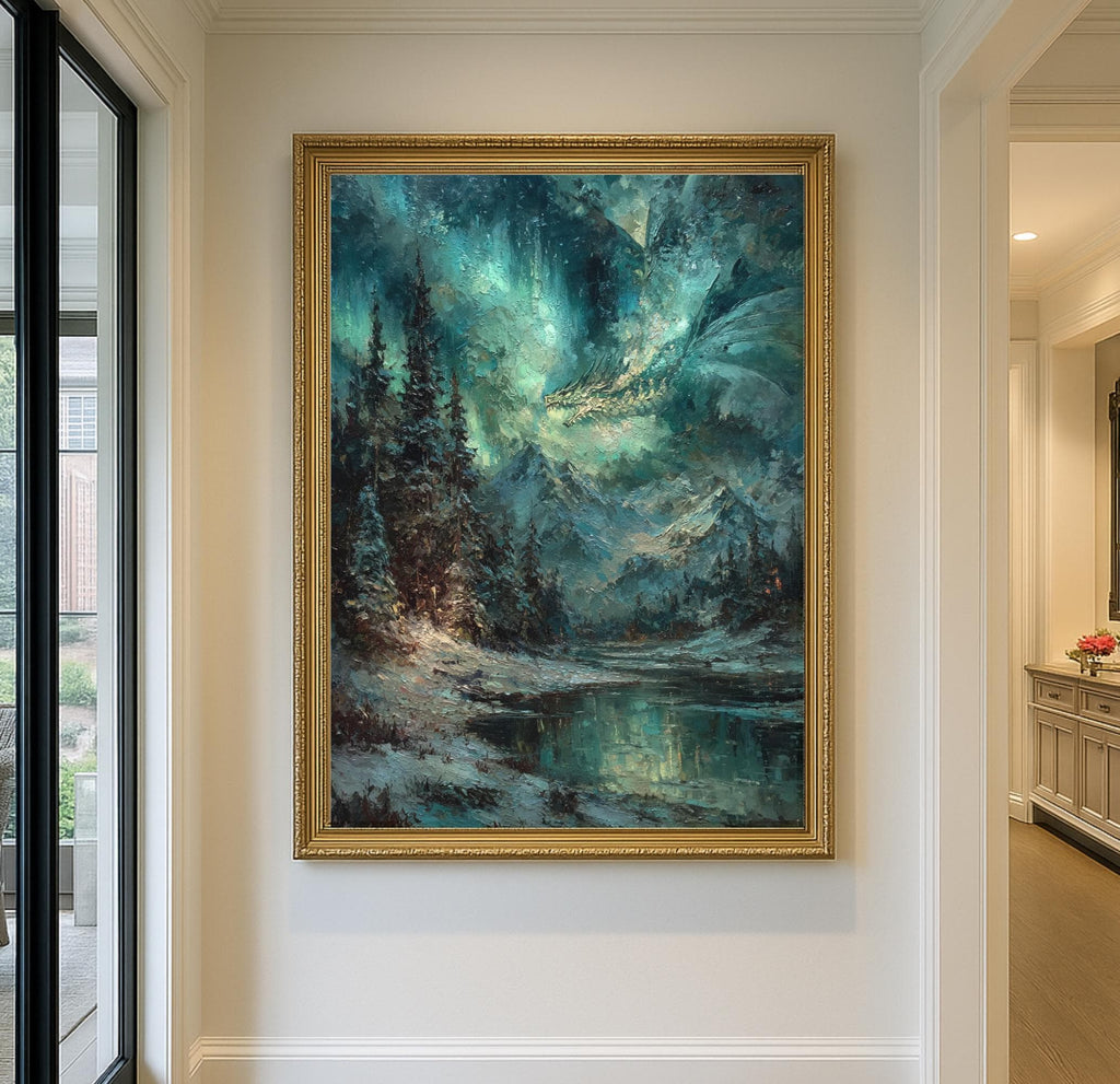 Northern Lights Dragon Art Print, Mystical Snowy Mountain Starlit Landscape
