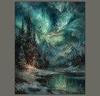 Northern Lights Dragon Art Print, Mystical Snowy Mountain Starlit Landscape
