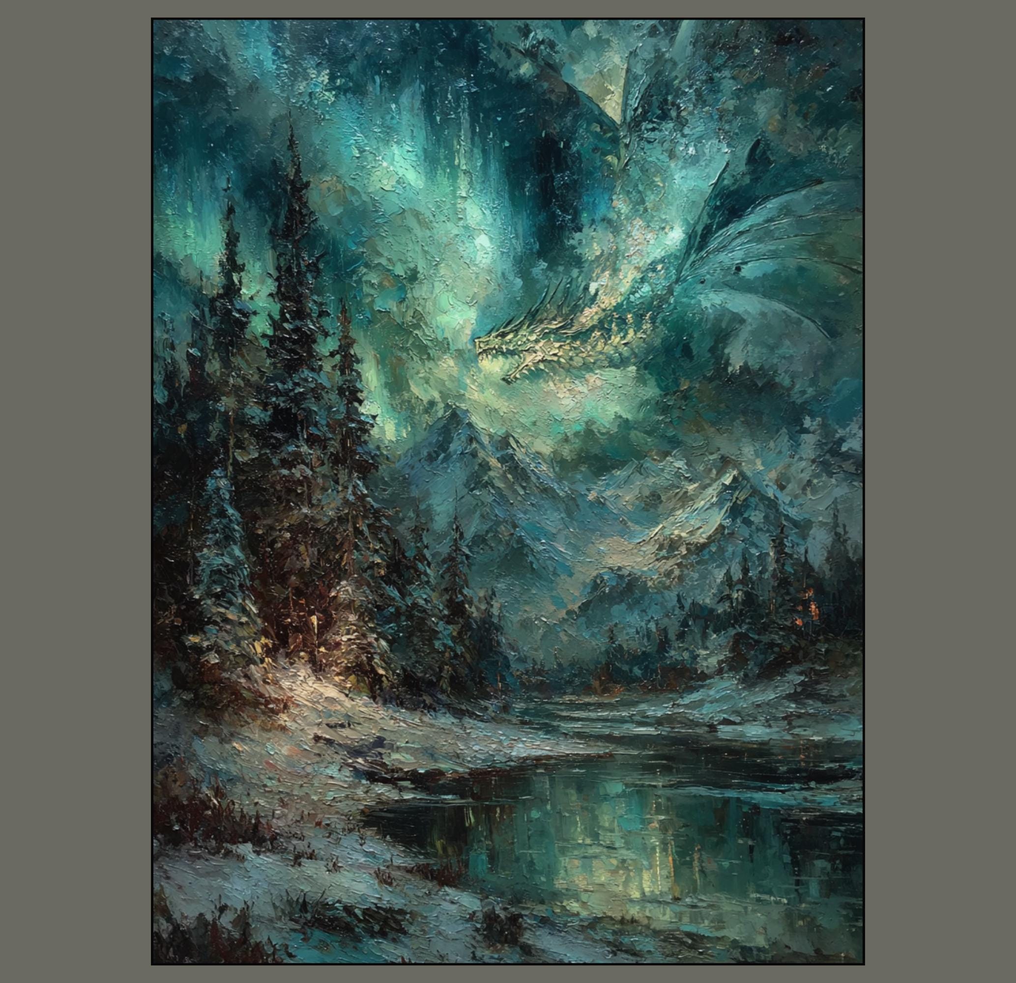 Northern Lights Dragon Art Print, Mystical Snowy Mountain Starlit Landscape