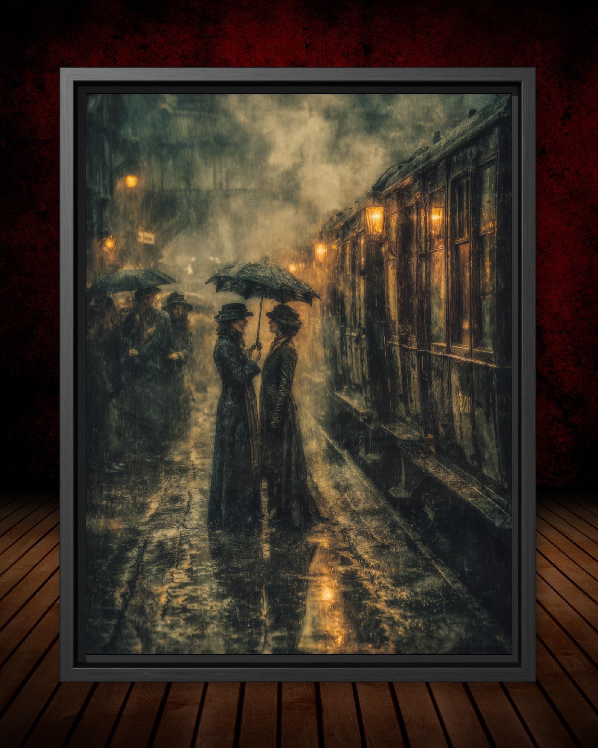 Victorian Train Station Art Print, Romantic Female Couple Painting, Moody Vintage London Wall Decor Main image