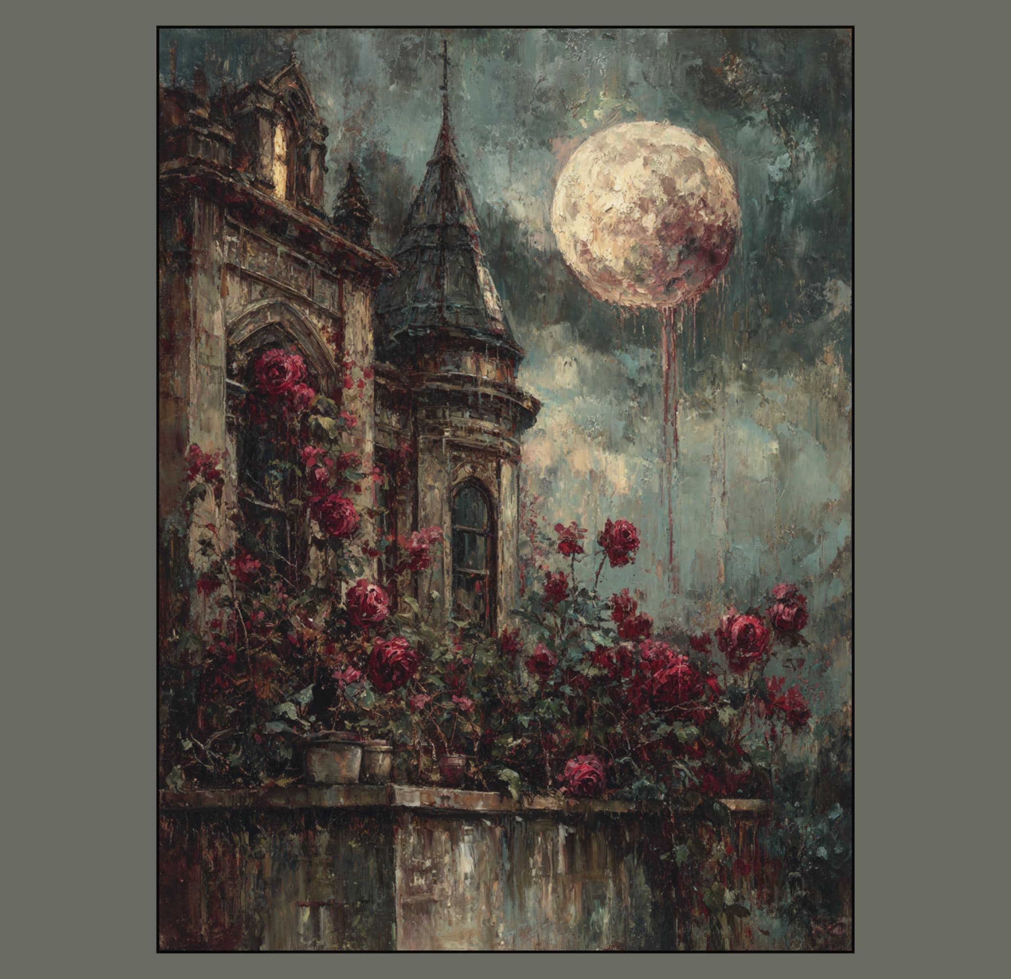 Gothic Blood Moon Castle Print, Red Roses Fantasy Art, Dark and Moody Room Decor