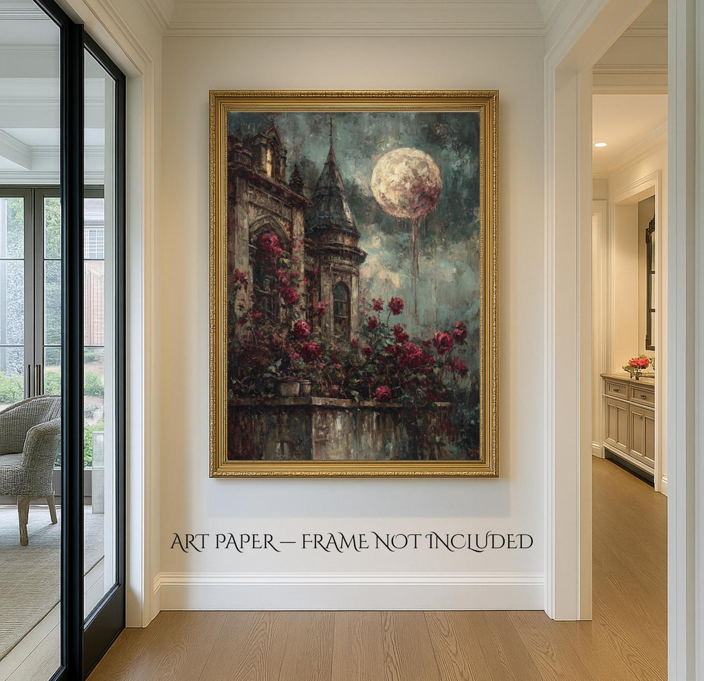 Gothic Blood Moon Castle Print, Red Roses Fantasy Art, Dark and Moody Room Decor