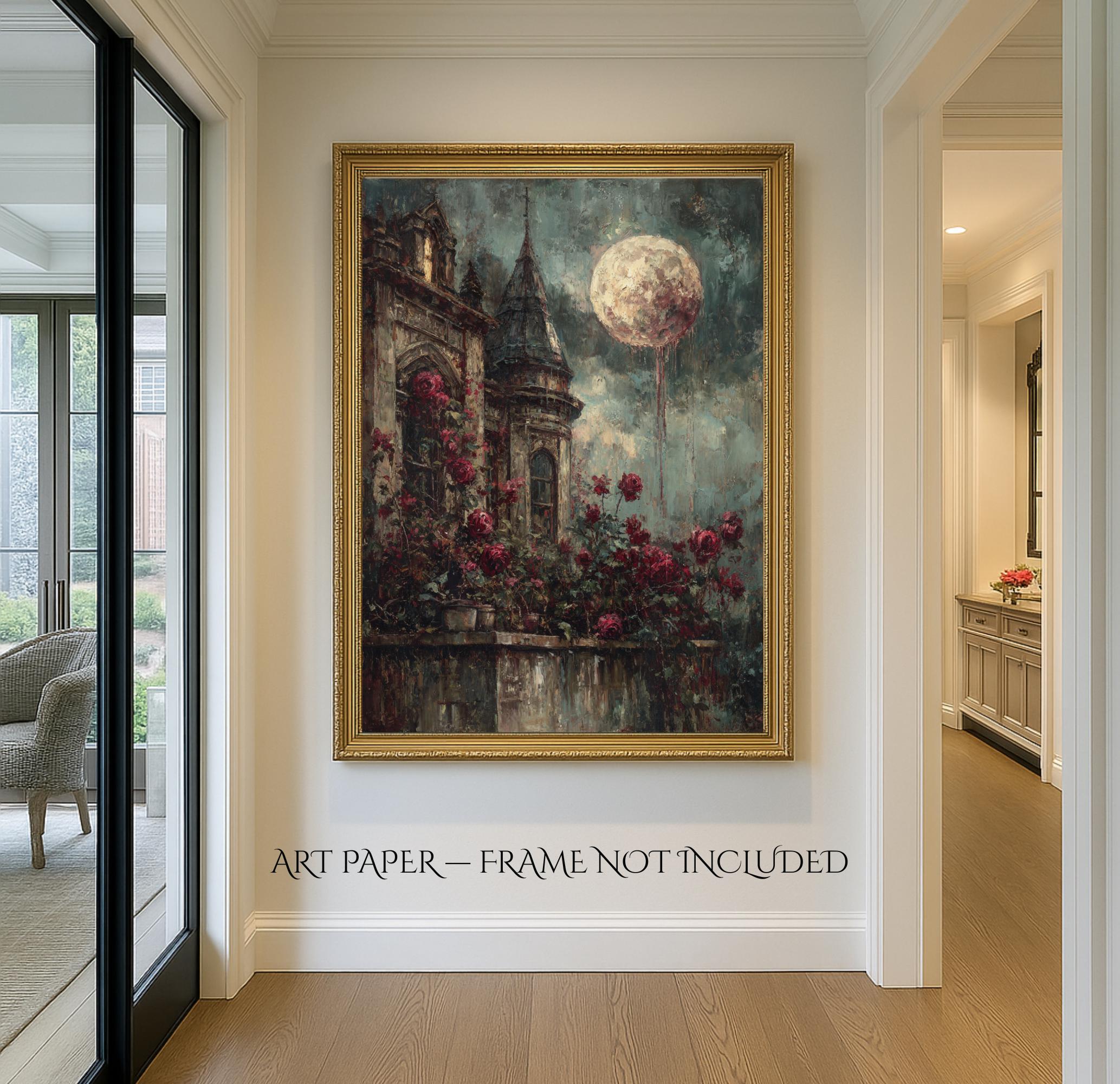 Gothic Blood Moon Castle Print, Red Roses Fantasy Art, Dark and Moody Room Decor