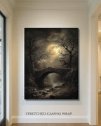 Moonlit Bridge Art Print Full Moon Dark Forest Misty Landscape, Spooky Creepy Haunted Painting