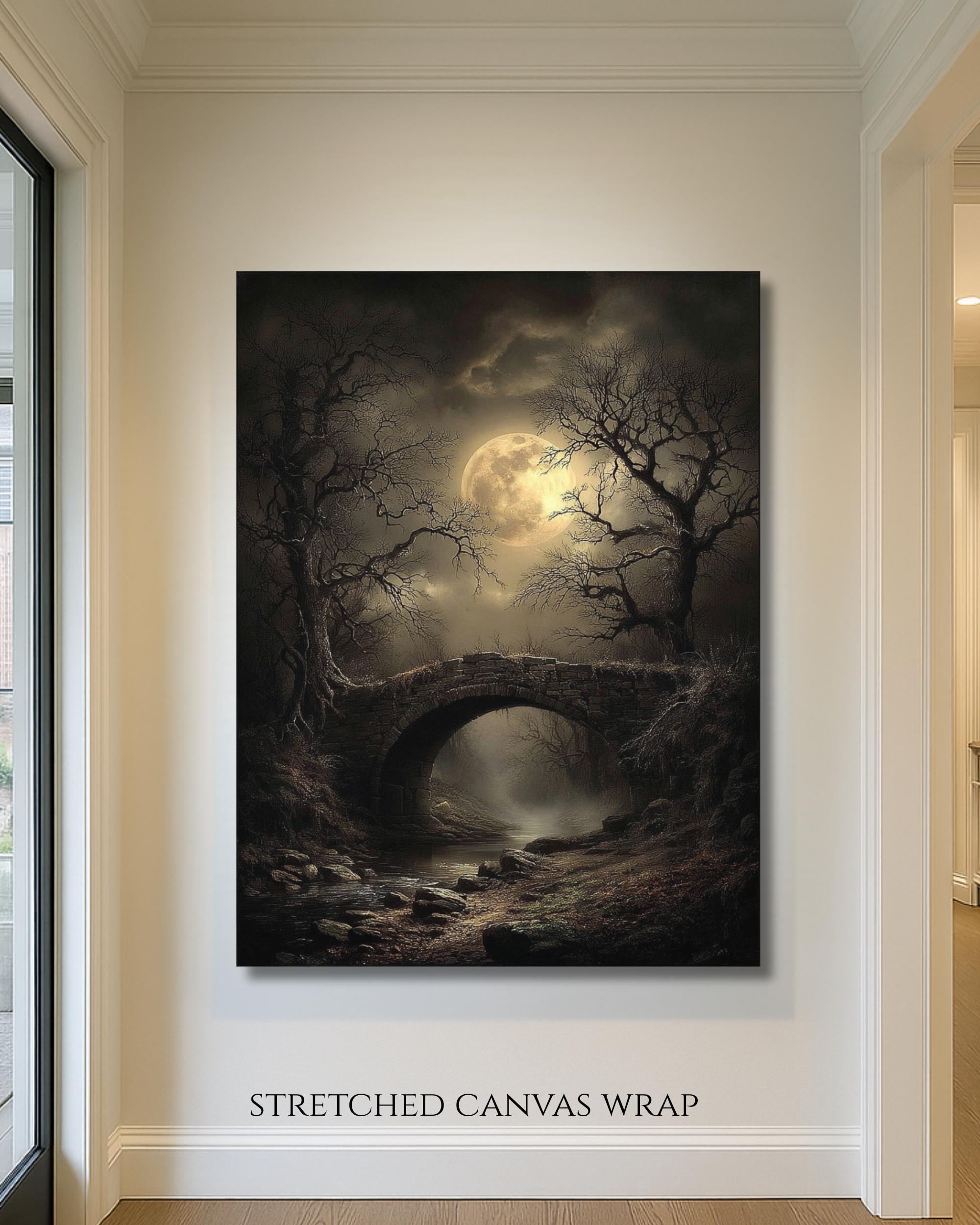 Moonlit Bridge Art Print Full Moon Dark Forest Misty Landscape, Spooky Creepy Haunted Painting