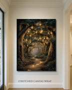 Enchanted Fairy Lanterns Woodland Trees Print, Glowing Forest Path, Fireflies Fantasy Decor