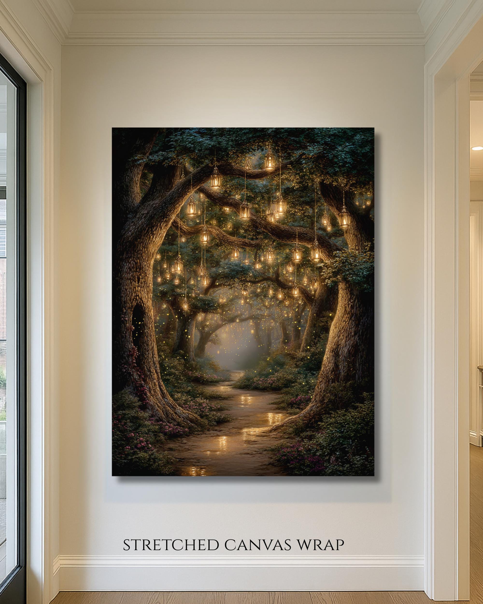 Enchanted Fairy Lanterns Woodland Trees Print, Glowing Forest Path, Fireflies Fantasy Decor