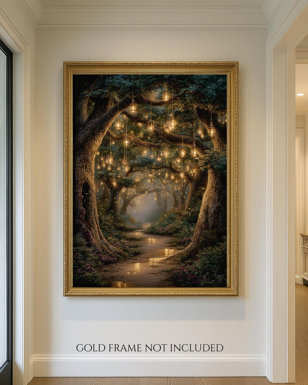 Enchanted Fairy Lanterns Woodland Trees Print, Glowing Forest Path, Fireflies Fantasy Decor