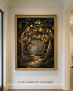 Enchanted Fairy Lanterns Woodland Trees Print, Glowing Forest Path, Fireflies Fantasy Decor